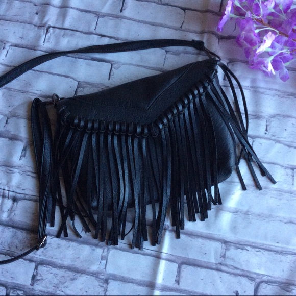 🌺 PURSE FRINGE CROSSBODY PURSE BAG BOHO BLACK LUV - Picture 7 of 8